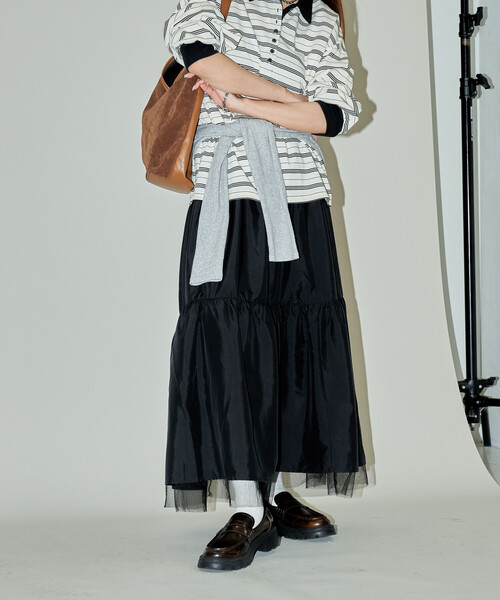 PUBLUX(パブリュクス)の「PUBLUX/パブリュクス チュール レイヤード ティアードスカート 限定展開(スカート・レディース・ブラック/チャコールグレー・フリ-)」の3枚目の写真