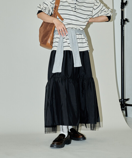 PUBLUX(パブリュクス)の「PUBLUX/パブリュクス チュール レイヤード ティアードスカート 限定展開(スカート・レディース・ブラック/チャコールグレー・フリ-)」の6枚目の写真
