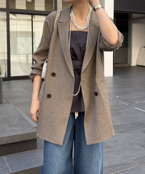 DouDou（ドゥドゥ）の「シャンブレーダブルジャケット（テーラードジャケット・レディース・ブラック/モカ・FREE）」の6枚目の写真