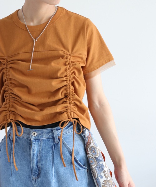 cepo(セポ)の「フロント&バックシャーリング ドロストショートスリーブTee(Tシャツ/カットソー・レディース・ブラック/キャメル/オフホワイト・M)」の3枚目の写真