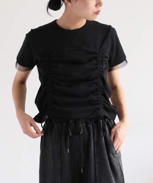 cepo(セポ)の「フロント&バックシャーリング ドロストショートスリーブTee(Tシャツ/カットソー・レディース・ブラック/キャメル/オフホワイト・M)」の1枚目の写真
