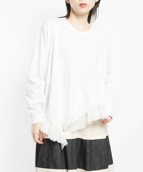 gomme(ゴム)の「20/-天竺 ヘムフリルT(Tシャツ/カットソー・レディース・ホワイト/ブラック/ネイビー/チャコールグレー・MEDIUM)」の1枚目の写真