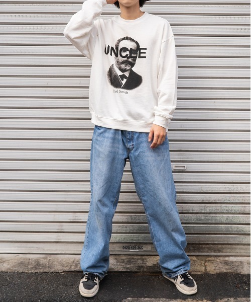 MODISH GAZE(モディシュガゼ)の「【MODISH GAZE】裏毛 クルーネック 長袖 BIG スウェット UNCLE(スウェット・メンズ・オフホワイト/杢グレー・MEDIUM/LARGE)」の4枚目の写真