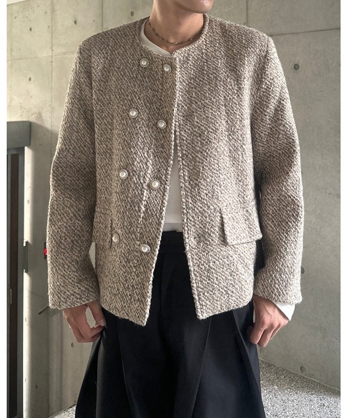 ノーカラーパールボタンツイードジャケット（テーラードジャケット