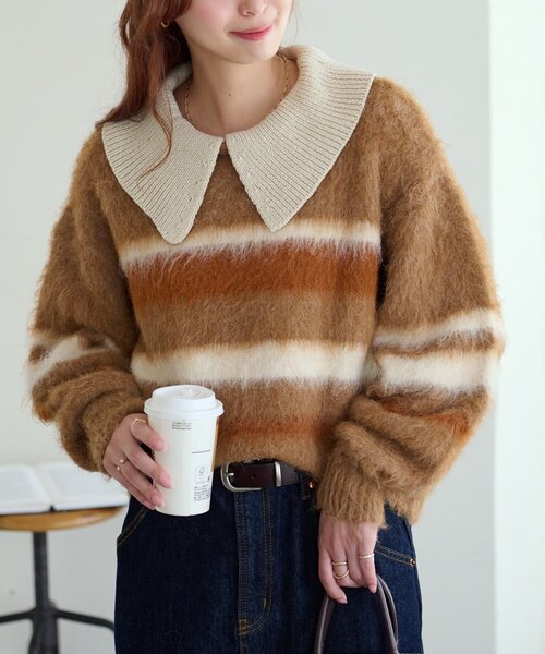 DISCOAT（ディスコート）の「シャギーボーダー衿付きプルオーバー（ニット/セーター・レディース・キャメル/ライトグレー/ベビーピンク・FREE）」の3枚目の写真