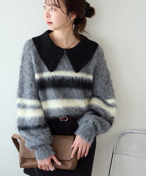 DISCOAT（ディスコート）の「シャギーボーダー衿付きプルオーバー（ニット/セーター・レディース・キャメル/ライトグレー/ベビーピンク・FREE）」の2枚目の写真