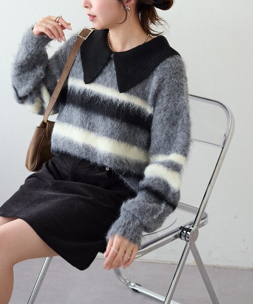 DISCOAT（ディスコート）の「シャギーボーダー衿付きプルオーバー（ニット/セーター・レディース・キャメル/ライトグレー/ベビーピンク・FREE）」の5枚目の写真