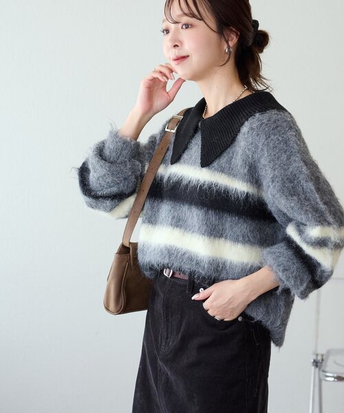 DISCOAT（ディスコート）の「シャギーボーダー衿付きプルオーバー（ニット/セーター・レディース・キャメル/ライトグレー/ベビーピンク・FREE）」の6枚目の写真