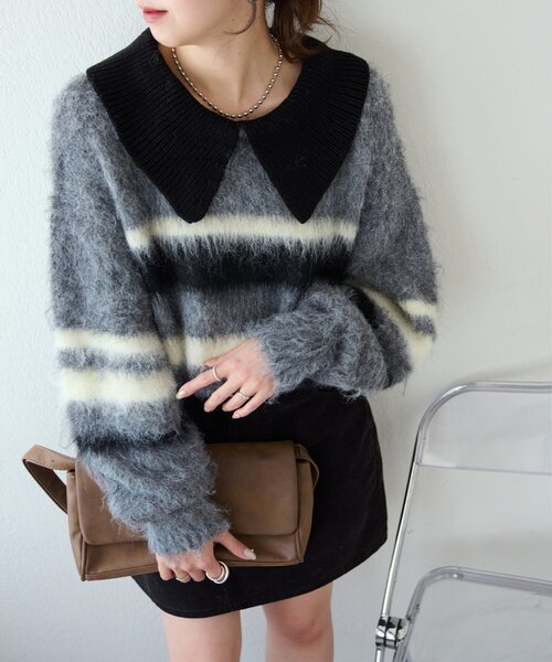 DISCOAT（ディスコート）の「シャギーボーダー衿付きプルオーバー（ニット/セーター・レディース・キャメル/ライトグレー/ベビーピンク・FREE）」の7枚目の写真