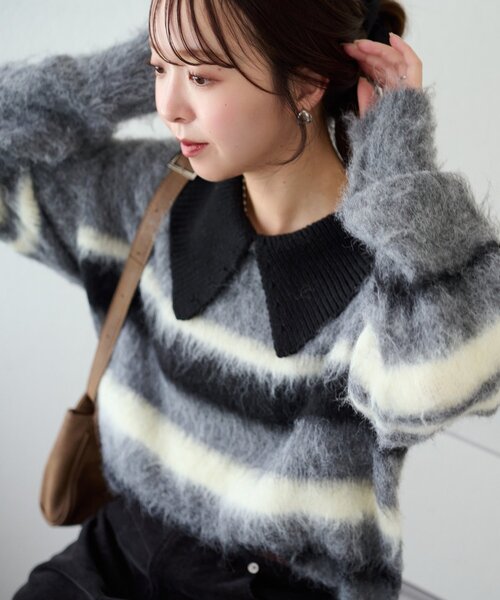 DISCOAT（ディスコート）の「シャギーボーダー衿付きプルオーバー（ニット/セーター・レディース・キャメル/ライトグレー/ベビーピンク・FREE）」の9枚目の写真