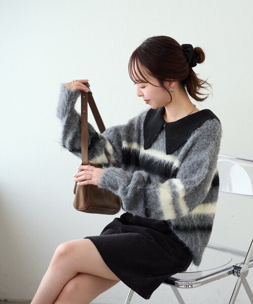 DISCOAT（ディスコート）の「シャギーボーダー衿付きプルオーバー（ニット/セーター・レディース・キャメル/ライトグレー/ベビーピンク・FREE）」の10枚目の写真