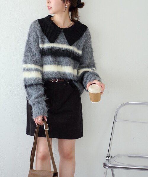 DISCOAT（ディスコート）の「シャギーボーダー衿付きプルオーバー（ニット/セーター・レディース・キャメル/ライトグレー/ベビーピンク・FREE）」の11枚目の写真