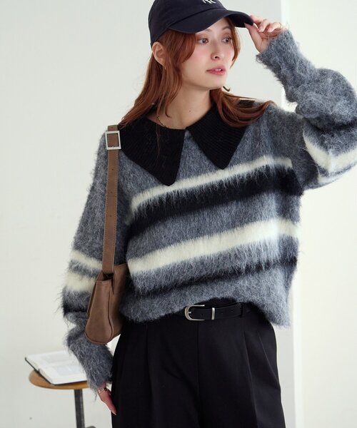 DISCOAT（ディスコート）の「シャギーボーダー衿付きプルオーバー（ニット/セーター・レディース・キャメル/ライトグレー/ベビーピンク・FREE）」の17枚目の写真