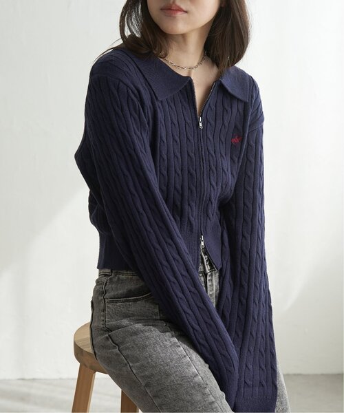 BEVERLY HILLS POLO CLUB（ビバリーヒルズポロクラブ）の「BEVERLY HILLS POLO CLUB ケーブル編みポロカーデ（カーディガン/ボレロ・レディース・ネイビー/レッド系/アイボリー・M）」の10枚目の写真