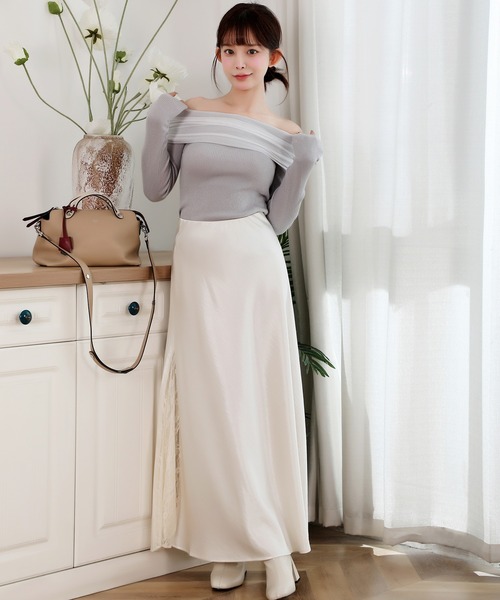 サイド レース サテン ライク マキシ スカート（スカート）｜Anely