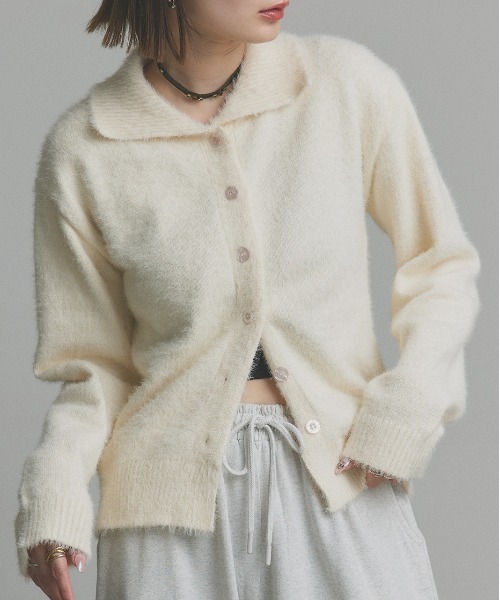ad thie(アドティエ)の「シャギーニット ポロカーディガン(カーディガン/ボレロ・レディース・オフホワイト/ライトブルー/ブラック・FREE)」の1枚目の写真
