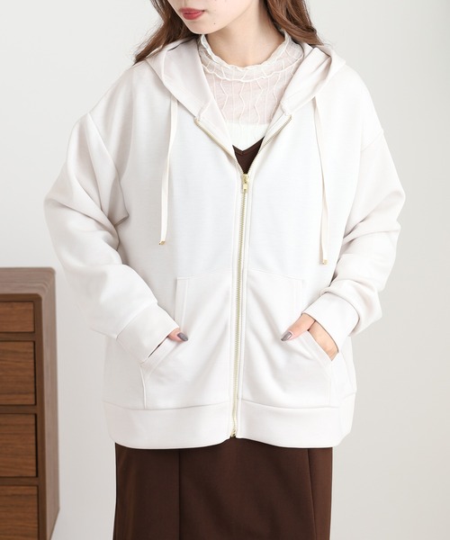 OMNES（オムネス）の「ソフトダンボールニットジップパーカー（パーカー・レディース・アイボリー/ピンク/チャコール/モカ/グレー・L/M）」の2枚目の写真