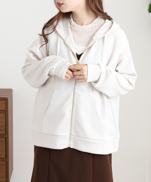 OMNES（オムネス）の「ソフトダンボールニットジップパーカー（パーカー・レディース・アイボリー/ピンク/チャコール/モカ/グレー・L/M）」の7枚目の写真