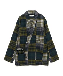 ノーカラージャケット（グリーン・カーキ/緑色系・チェック柄
