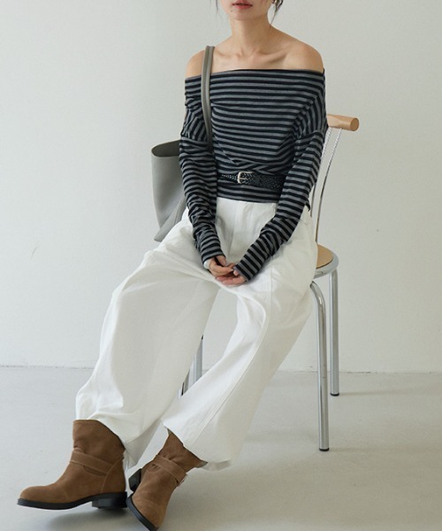 gossip!ロサンゼルス(ゴシップロサンゼルス)の「オフショルダー ナローボーダートップス(Tシャツ/カットソー・レディース・ホワイト/グレー・FREE)」の13枚目の写真