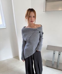 ボタン オフショルダー アシンメトリー リブニット トップス