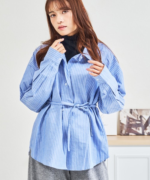 MISCH MASCH(ミッシュマッシュ)の「ZOZO限定 ストライプウエストリボンシャツ(シャツ/ブラウス・レディース・グレー/ブルー・フリ-)」の3枚目の写真