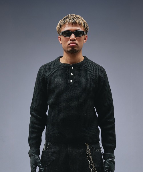 【専用】ANDER HUNK メタルヘンリーネックサーマル ブラック系 Metal Henry neck Thermal Knit /メタルヘンリーネックサーマルニット
