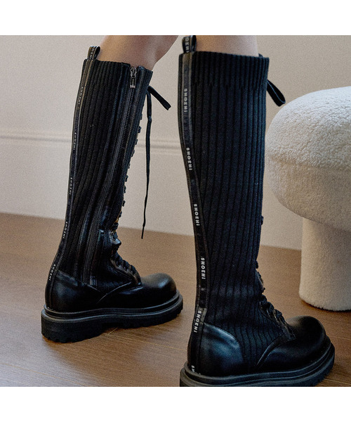 Lena Knit Lace-Up Long Walker Boots_B2525