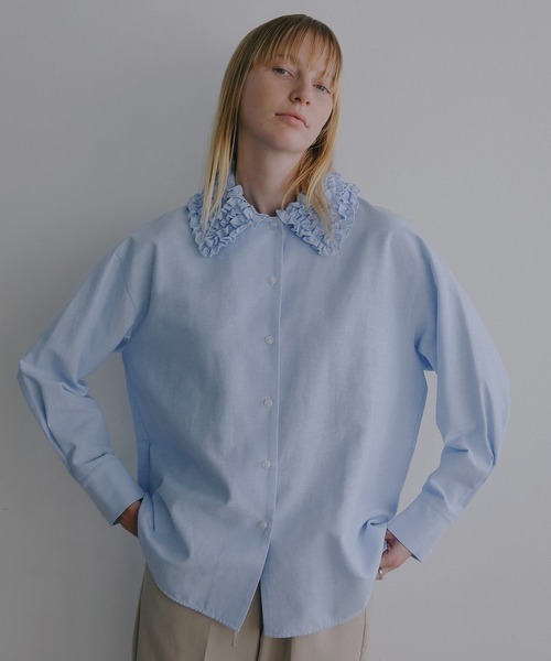 MANOF（マノフ）の「FRILL COLLAR OXFORD SHIRT（シャツ/ブラウス・レディース・ブルー/ブラックミックス/ホワイト・F）」の14枚目の写真
