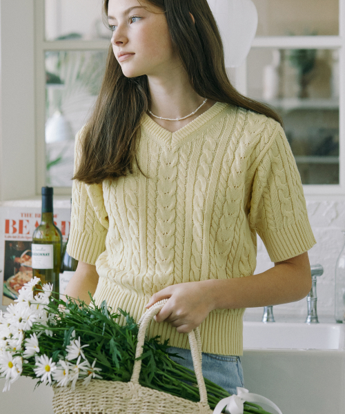 NONLOCAL(ノンローカル)の「V-neck Cable Half Sleeve Knit - Butter Yellow(ニット/セーター・レディース・その他・FREE)」の1枚目の写真