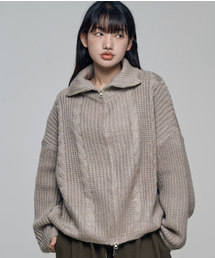 テルス ハイネック ニット ジップアップ Melang Beige