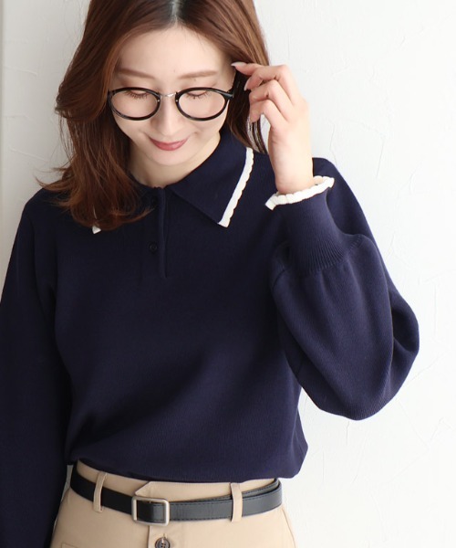 Pierrot(ピエロ)の「スカラップポロニット(ポロシャツ・レディース・ネイビー/グレー系その他・L/M)」の18枚目の写真