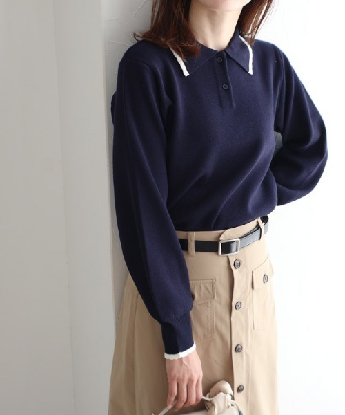 Pierrot(ピエロ)の「スカラップポロニット(ポロシャツ・レディース・ネイビー/グレー系その他・L/M)」の19枚目の写真