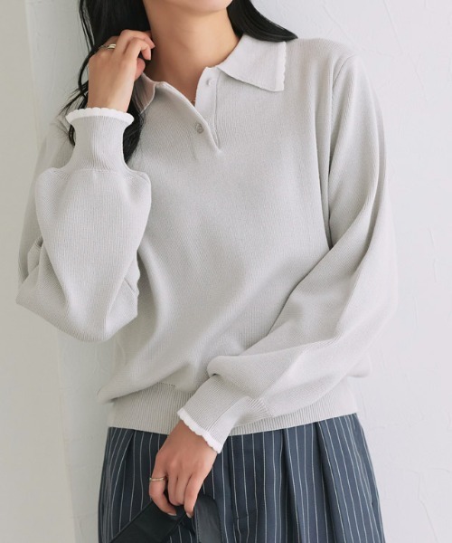 Pierrot(ピエロ)の「スカラップポロニット(ポロシャツ・レディース・ネイビー/グレー系その他・L/M)」の13枚目の写真