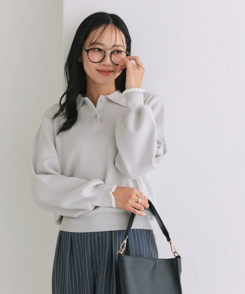 Pierrot(ピエロ)の「スカラップポロニット(ポロシャツ・レディース・ネイビー/グレー系その他・L/M)」の15枚目の写真