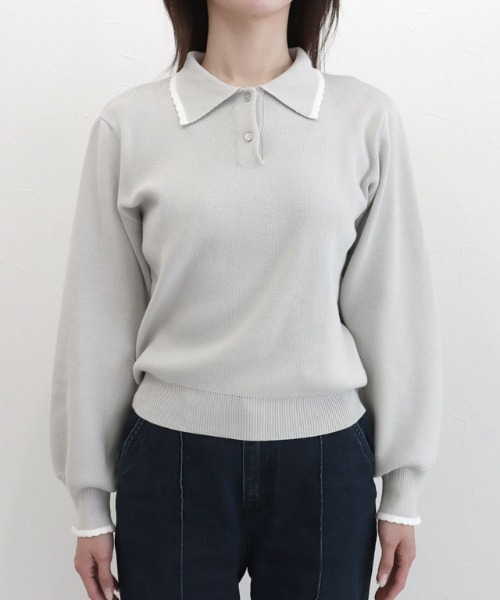 Pierrot(ピエロ)の「スカラップポロニット(ポロシャツ・レディース・ネイビー/グレー系その他・L/M)」の9枚目の写真