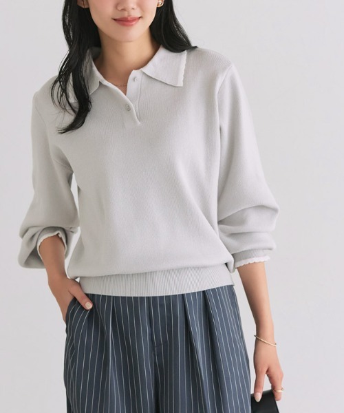 Pierrot(ピエロ)の「スカラップポロニット(ポロシャツ・レディース・ネイビー/グレー系その他・L/M)」の3枚目の写真