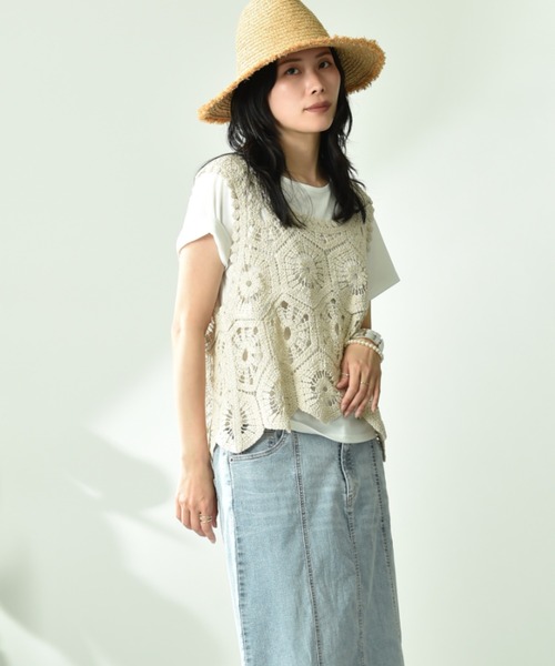 INTERPLANET(インタープラネット)の「クロシェベスト+TシャツSET(Tシャツ/カットソー・レディース・オフホワイト/アイボリー・FREE)」の4枚目の写真