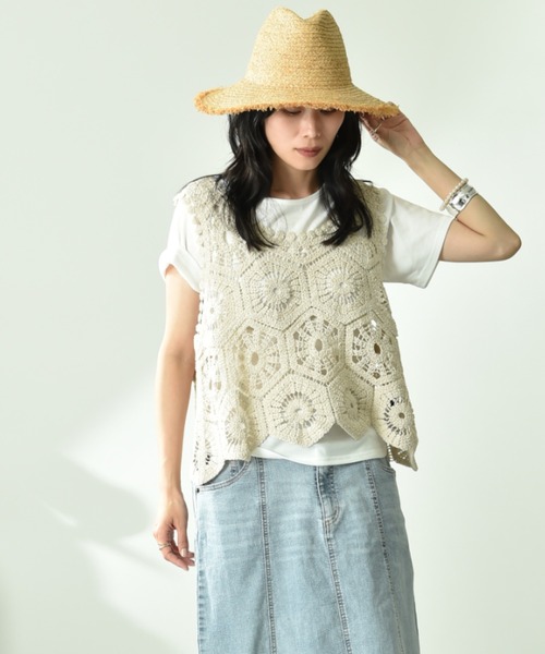 INTERPLANET(インタープラネット)の「クロシェベスト+TシャツSET(Tシャツ/カットソー・レディース・オフホワイト/アイボリー・FREE)」の8枚目の写真