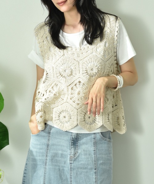 INTERPLANET(インタープラネット)の「クロシェベスト+TシャツSET(Tシャツ/カットソー・レディース・オフホワイト/アイボリー・FREE)」の11枚目の写真