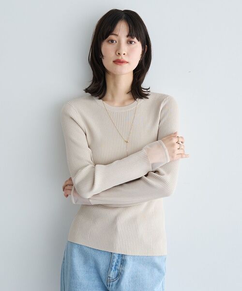 YECCA VECCA（イェッカヴェッカ）の「袖口シアーリブニット（ニット/セーター・レディース・オフホワイト/ブラック/ライトベージュ/サックスブルー・FREE）」の3枚目の写真