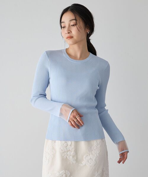 YECCA VECCA（イェッカヴェッカ）の「袖口シアーリブニット（ニット/セーター・レディース・オフホワイト/ブラック/ライトベージュ/サックスブルー・FREE）」の22枚目の写真