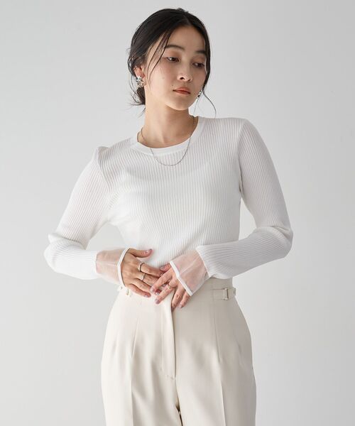 YECCA VECCA（イェッカヴェッカ）の「袖口シアーリブニット（ニット/セーター・レディース・オフホワイト/ブラック/ライトベージュ/サックスブルー・FREE）」の16枚目の写真