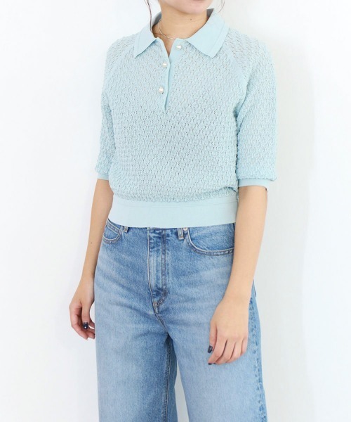 Marilyn Moon(マリリンムーン)の「diamond openwork polo knit(カーディガン/ボレロ・レディース・ネイビー/レッド/ピンク/オフホワイト/サックスブルー・FREE)」の6枚目の写真