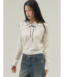 Ribbon Tie Collar Knit Top_Ivory