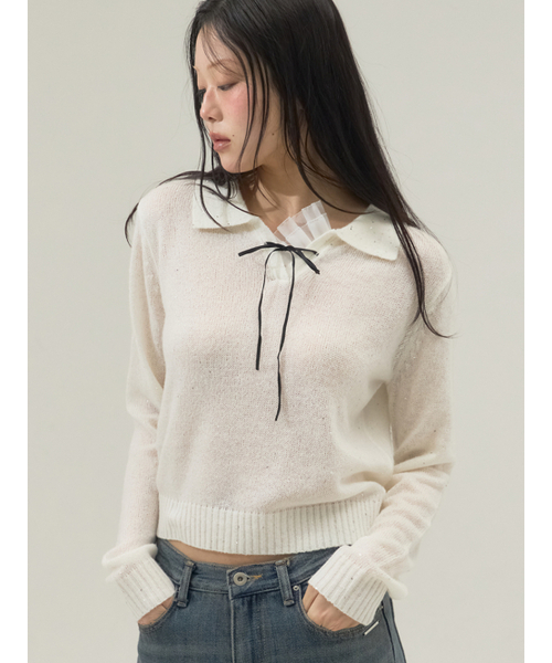 Sorry,Too Much Love(ソーリートゥーマッチラブ)の「Ribbon Tie Collar Knit Top_Ivory(ニット/セーター・レディース・その他・FREE)」の4枚目の写真