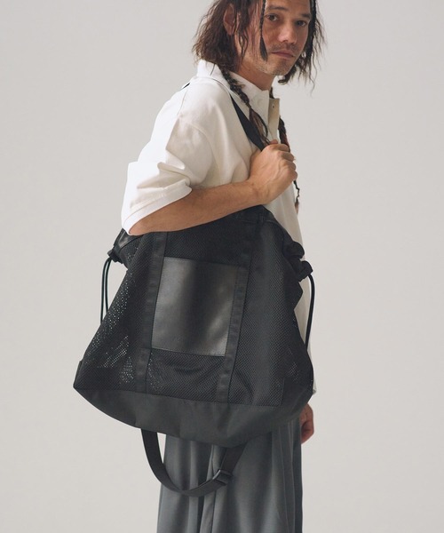 アダムパテック　ナイロンxレザービッグトートバッグ　ナイロンブラック ADAMPATEK/leather trimmed mesh 2way big tote bag /レザーxメッシュ