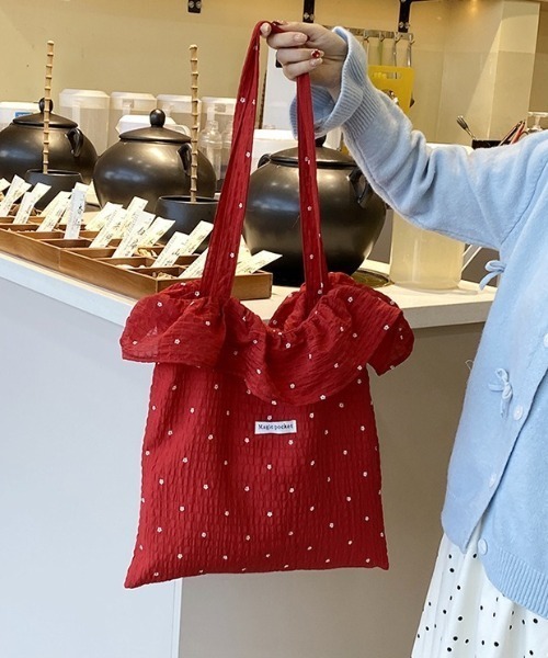 SHEPP(シープ)の「【A4サイズ対応可】ワッシャーフラワー ショルダーバッグ / ドット 小花柄 トートバッグ(ショルダーバッグ・レディース・ブラック/ホワイト/レッド・F)」の14枚目の写真