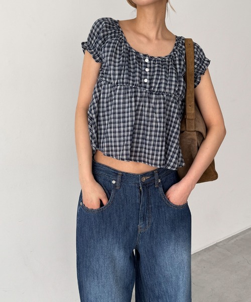 CANAL JEAN(キャナルジーン)の「HARING チェック半袖パフブラウス(シャツ/ブラウス・レディース・ネイビー・ONE SIZE)」の1枚目の写真