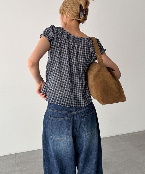 CANAL JEAN(キャナルジーン)の「HARING チェック半袖パフブラウス(シャツ/ブラウス・レディース・ネイビー・ONE SIZE)」の3枚目の写真